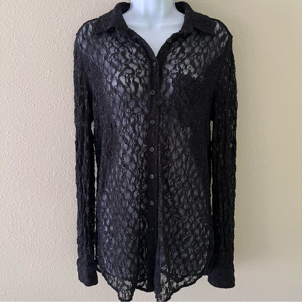 Moda International‎ Button Up Small Long Sleeve Lace Sheer Witchy Whimsigoth Y2K